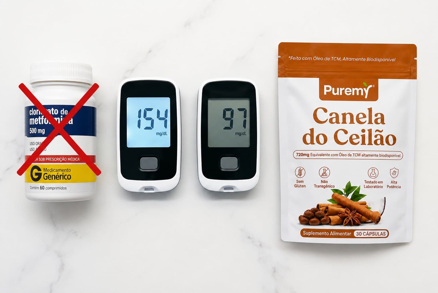 Frasco Puremy ao lado de medidor de glicemia com leitura estável