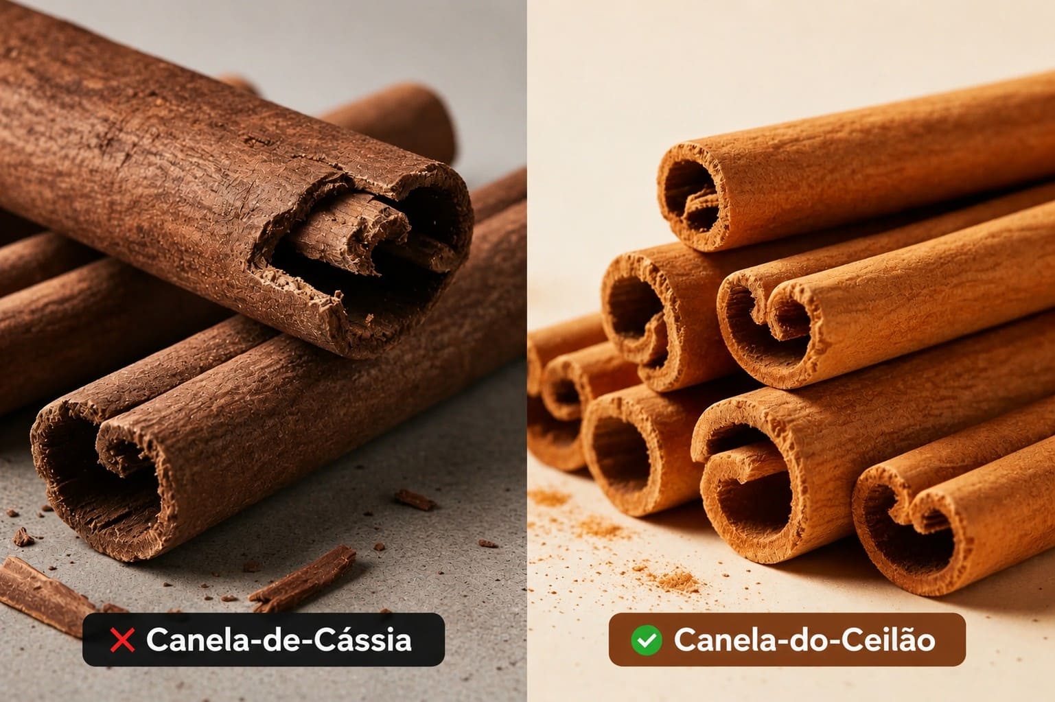 Comparativo: canela Cássia (casca grossa) vs Canela do Ceilão (camadas finas)